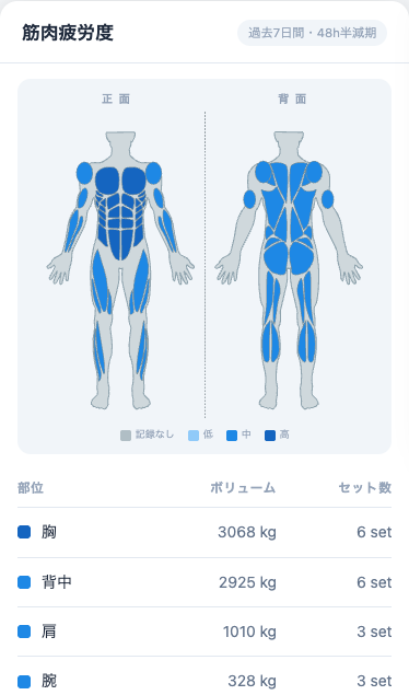 筋肉疲労度画面。正面・背面の人体図に部位ごとの疲労度が色分け表示されている